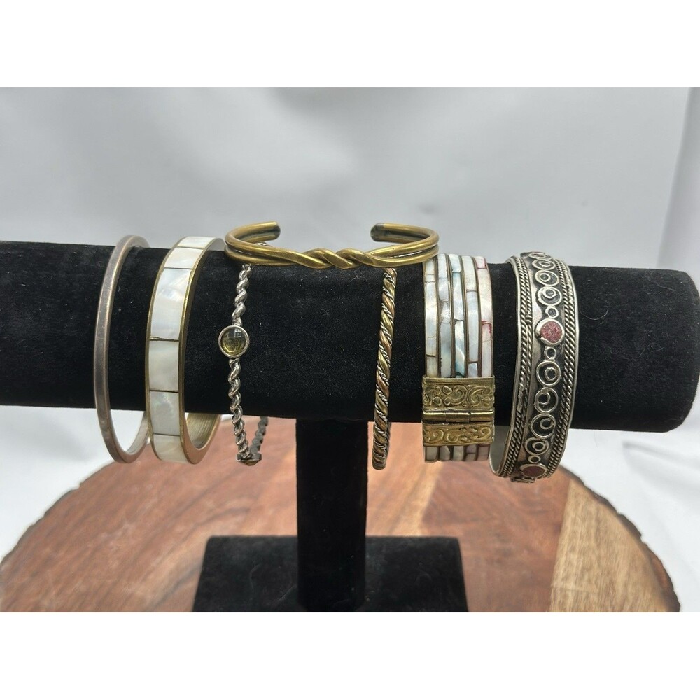 Brass Mother Of Pearl Coral Stainless Copper Bangle Cuff 7 Lot Bracelets